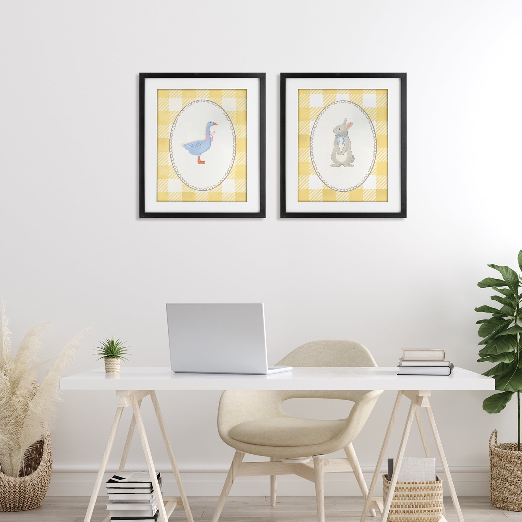 Stupell Industries Goose & Bunny Yellow Gingham 2 Piece Black Framed Print Under Glass Set, design by The Paper Curator