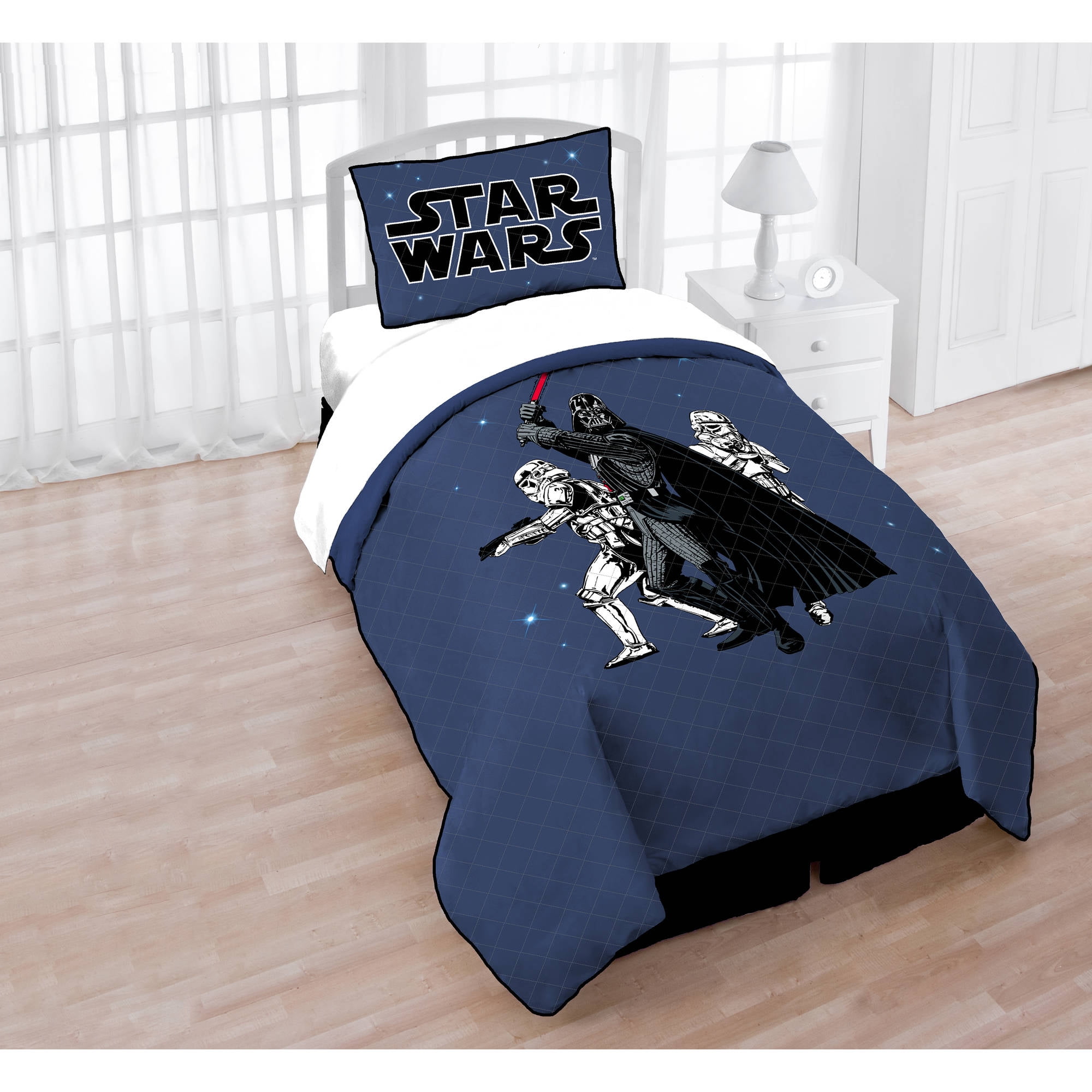 3PC & Black Throw Pillow Twin/Full Star Wars Blue Quilt Set