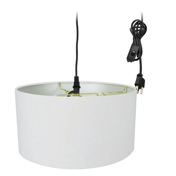 1 Light Swag Plug-In Pendant 16"w White Linen Drum Shade, 17' Black Cord