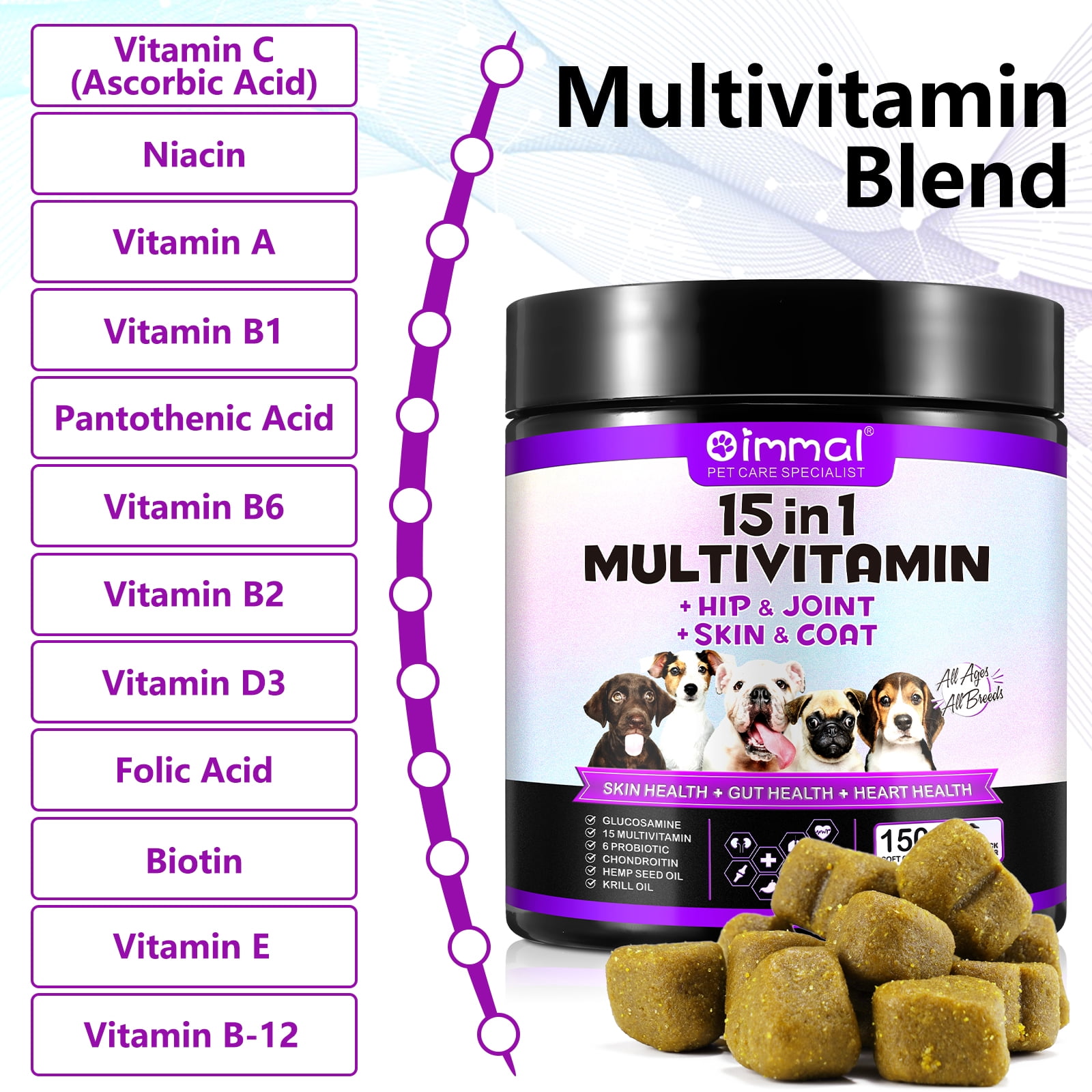 15-in-1 Dog Multivitamin Chews with Glucosamine & Probiotics,Daily Dog Health and Wellness Support, For Skin-Immunity-Gut Digestion-Joint-Heart,300 Counts,Duck Flavor