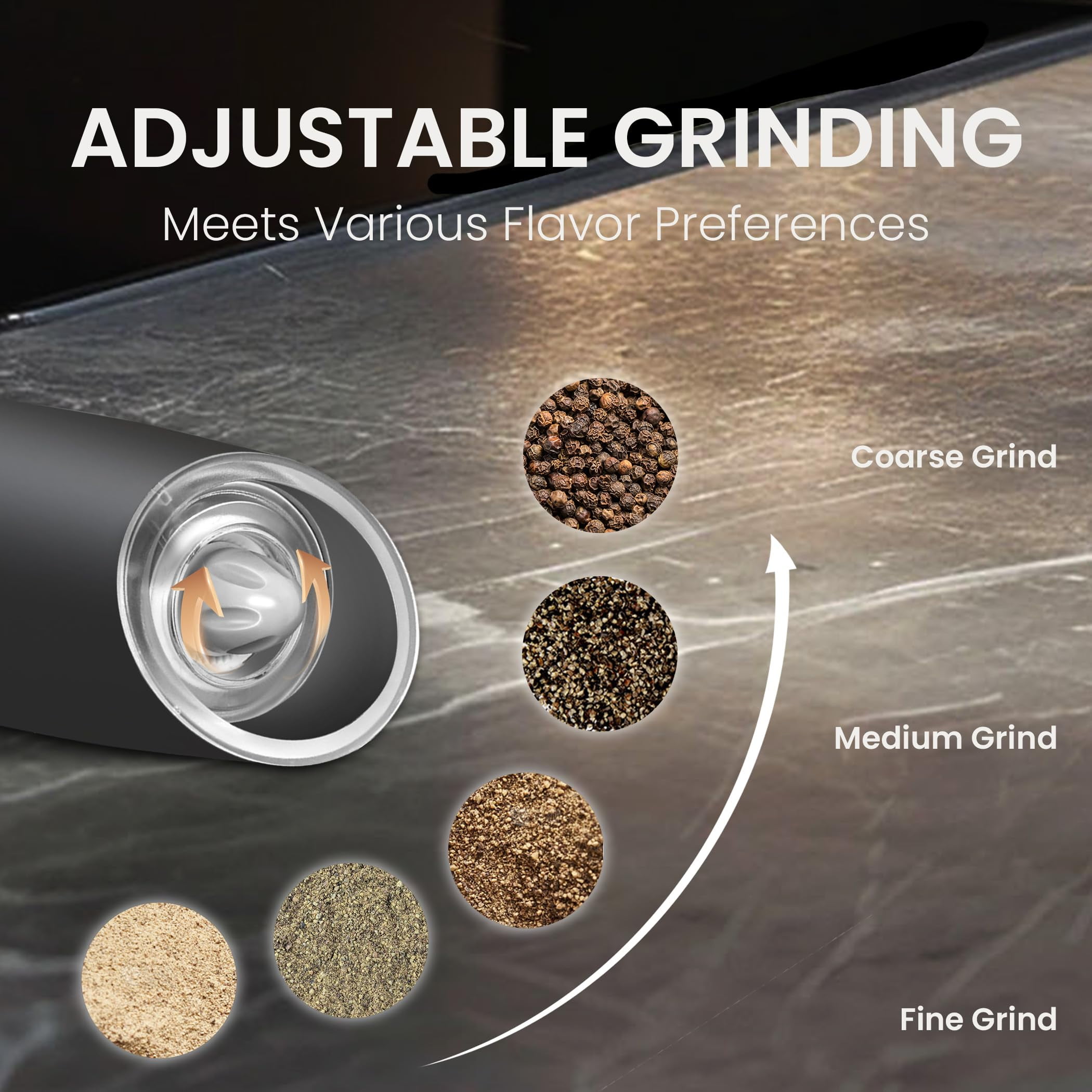 Gravity-Activated Electric Salt and Pepper Grinder Set,Grade ABS Construction, Easy-Clean Washable Hoppers, Ideal for Arthritis Users, 2 Pack, Black