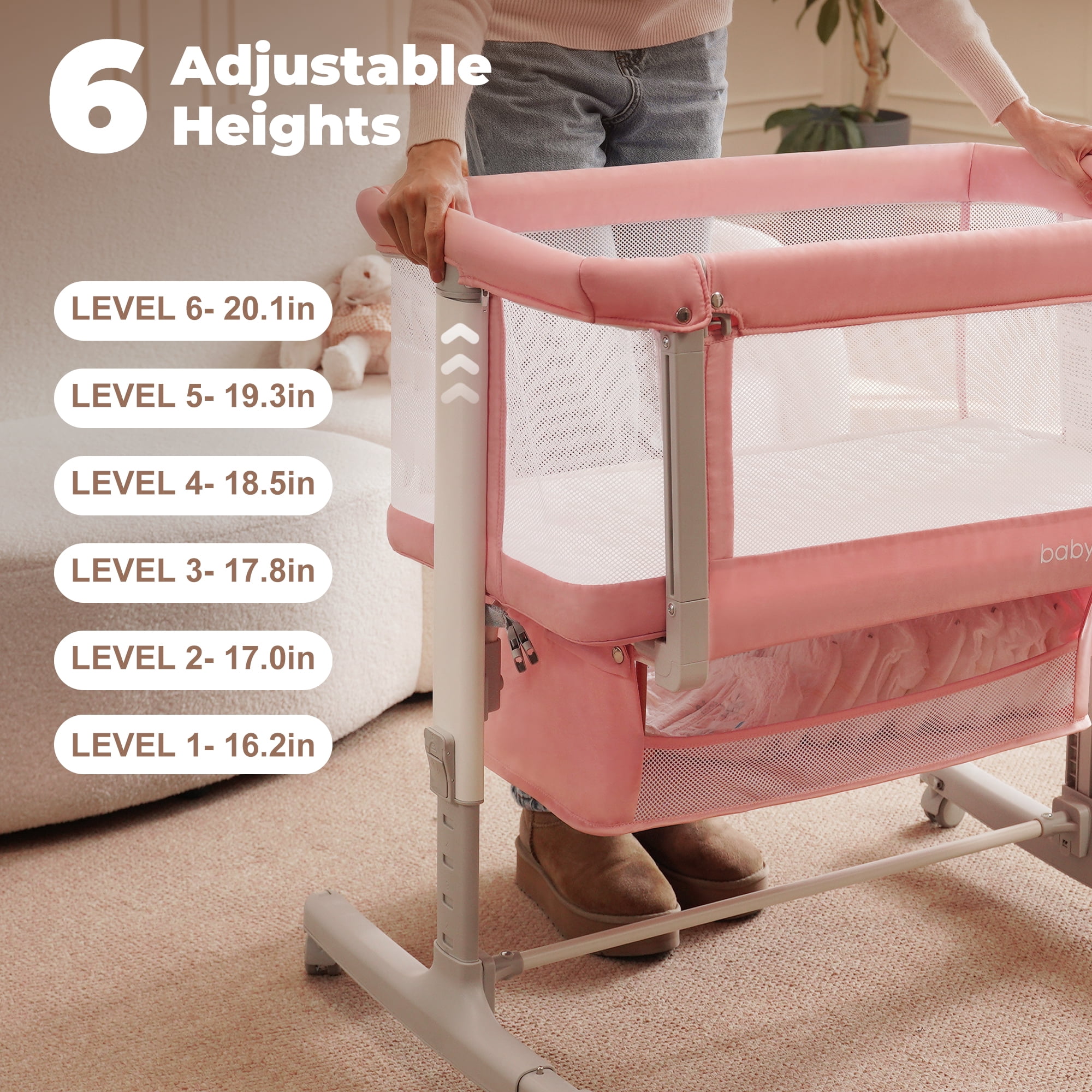 Babyeap Baby Bassinet for Newborn with Large Storage Basket, Pink