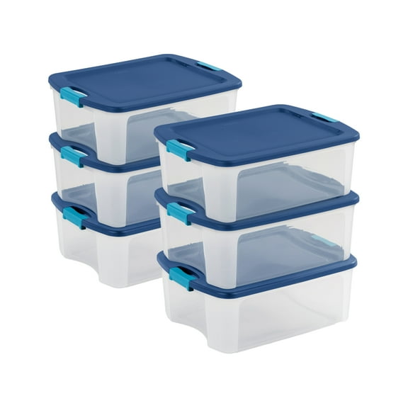 Sterilite 12 Gallon Latch and Carry Storage Tote, 6 Pack, Blue and Clear