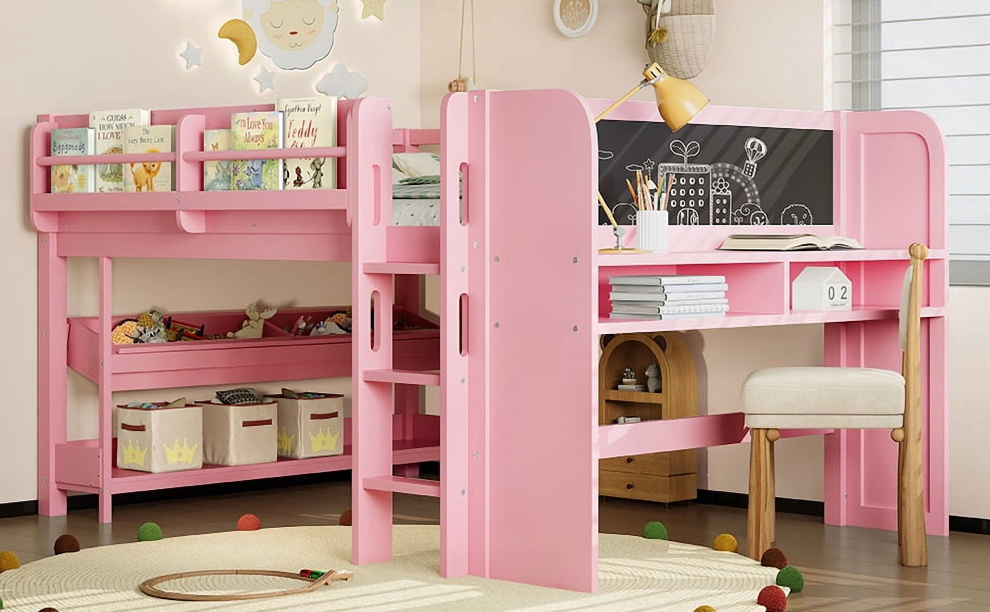Mintazer Full Low Loft Bed with Desk & Blackboard, Kids Loft Bed with Storage Drawers, No Spring Box Needed, Pink