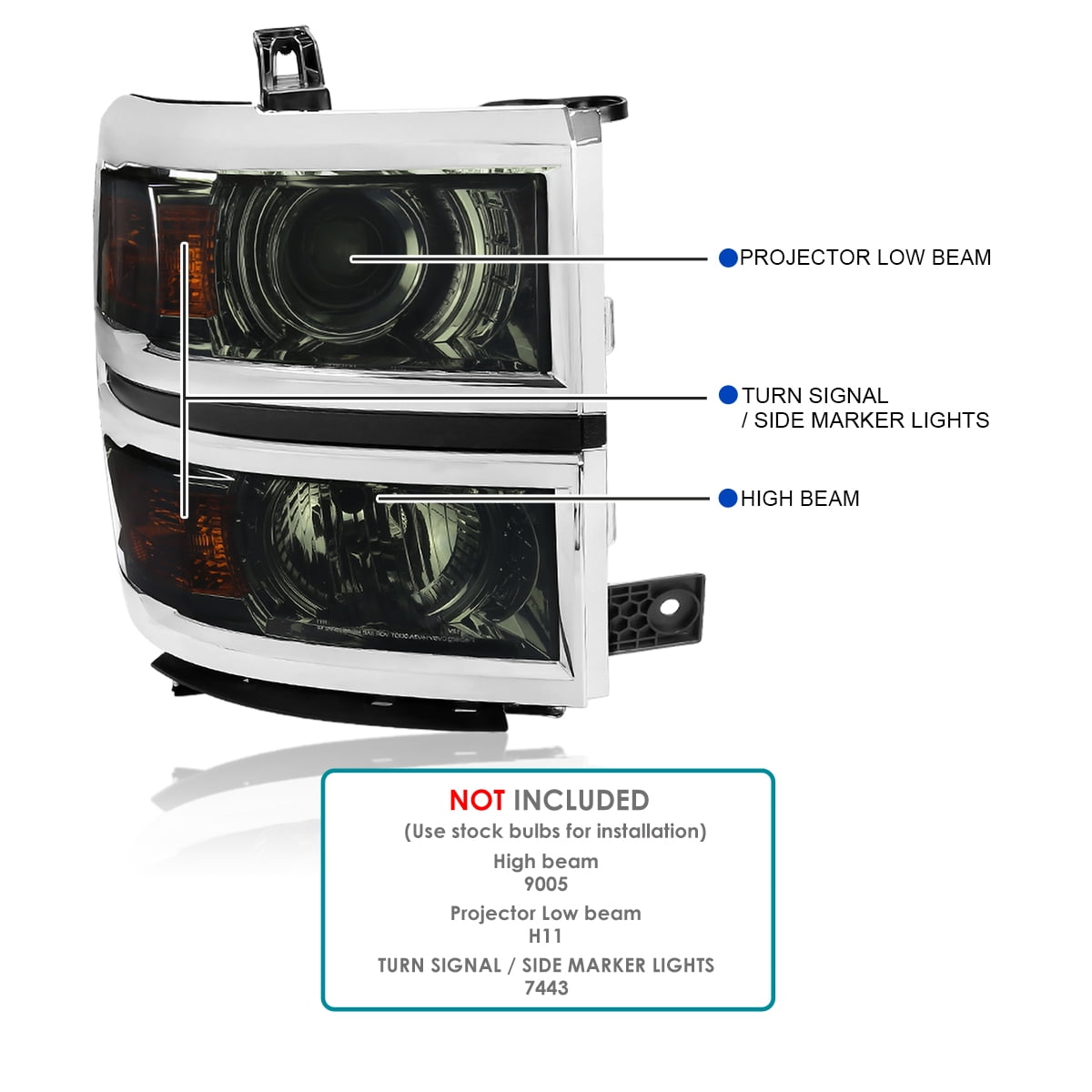 Spec-D Tuning Smoke Projector Headlights w/ Silver Trim Compatible with 2014-2015 Chevy Silverado 1500, Left + Right Pair Headlamps Assembly