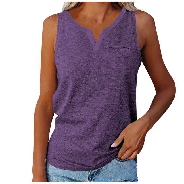 Camiseta Sin Mangas Para Mujer, Blusas Sin Mangas, Blusa de Talla Grande, Camisetas Informales Con Bolsillo Y Cuello en V de Color Sólido Odeerbi ODB160155