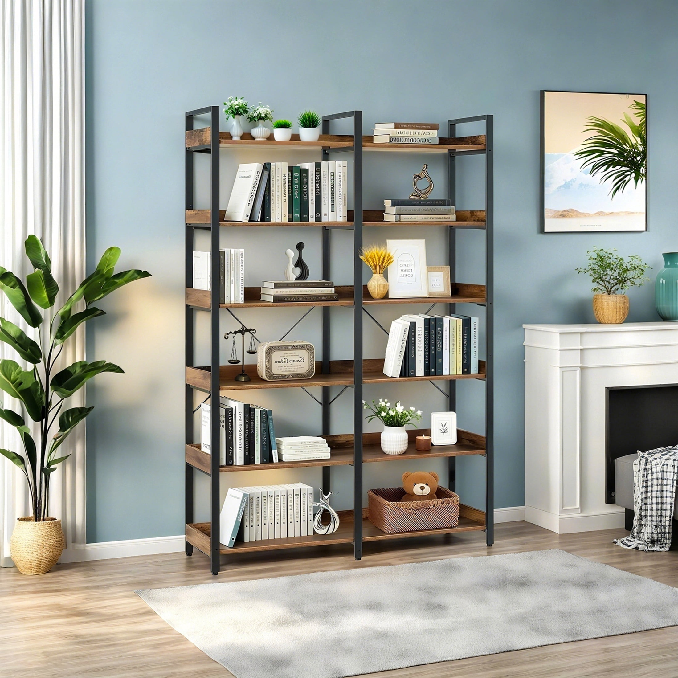 Noble House 6-Tier Industrial Bookshelf, Metal Open Bookcase with Edge Guards, for Storage and Display, Brown + Black