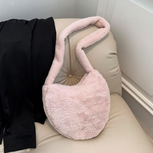 Bolso de hombro mullido de invierno para mujer, bolso de mano de felpa, bolso de mano con forma de corazón (rosa)