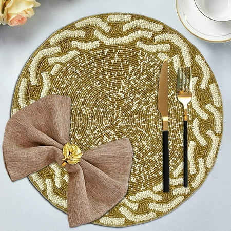 

Gold Ivory White Beaded Placemats Set of 4 for Dining Coffee Table Scratch Heat Stain Resistant Anti Skid Charger Kitchen Decor Durable Tablemats - Holiday Gathering Party Occasions - 14 Inches