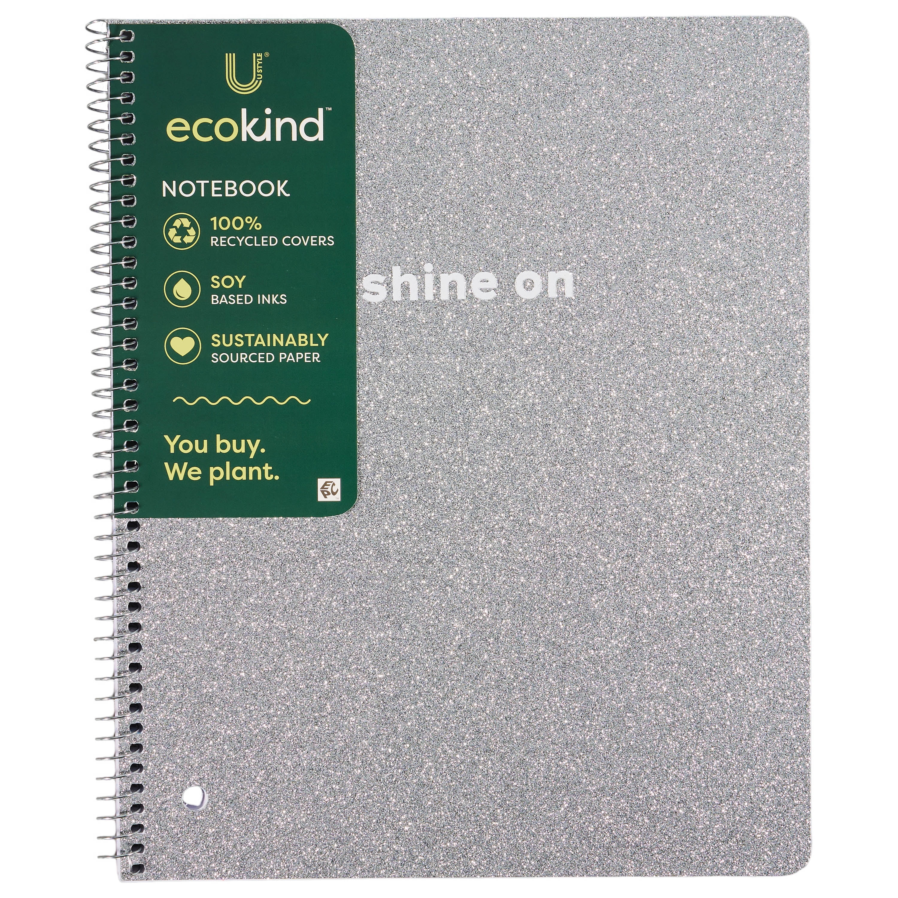 Ecokind by U Style Mess-Proof Glitter 1 Subject Notebook, 10.5" x 8.5", 80 Sheets, Wide Rule