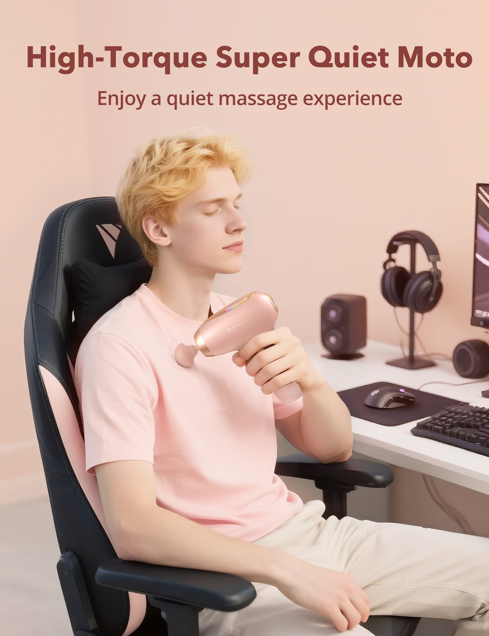 Massage Gun, Deep Tissue Muscle Massager Handheld Cordless Back Massager with 5 Speeds and 4 Heads, Pink