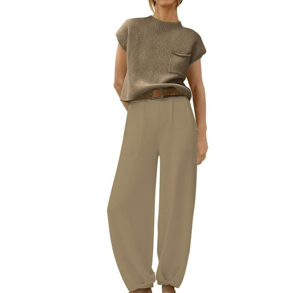 JGGSPWM Women's Plus Size Two Piece Outfits Sweater Sets Knit Pullover Tops and High Waisted Pants Tracksuit Lounge Sets Casual Fall Spring Outfit with Pocket Khaki XXXL