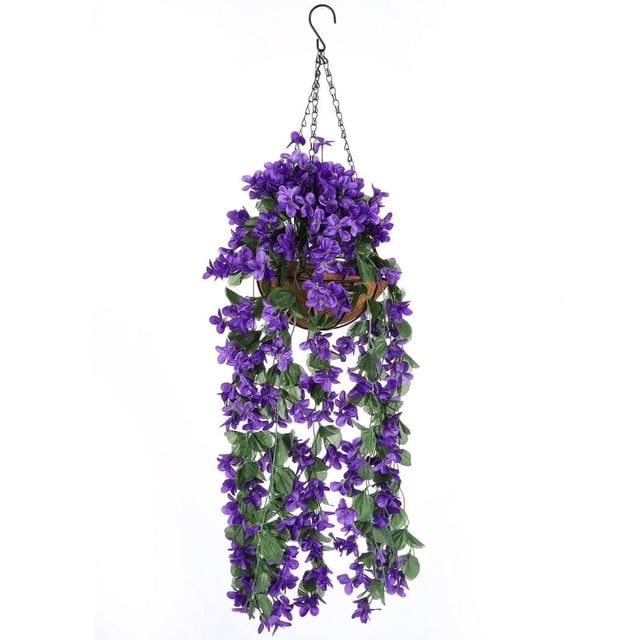 Flores artificiales colgantes de violeta en cesta, flores colgantes para decoración de patio y jardín, planta de enredadera artificial colgante en cesta, forro de coco con flores para decoración de