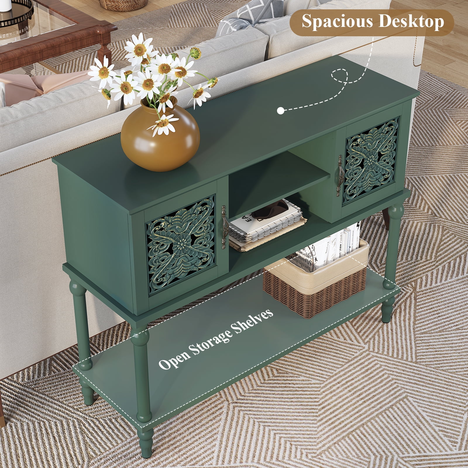 HLR Modern 42" Console Table with Storage, Entryway Table Wood Behind Couch with Shelves for Living Room, Green