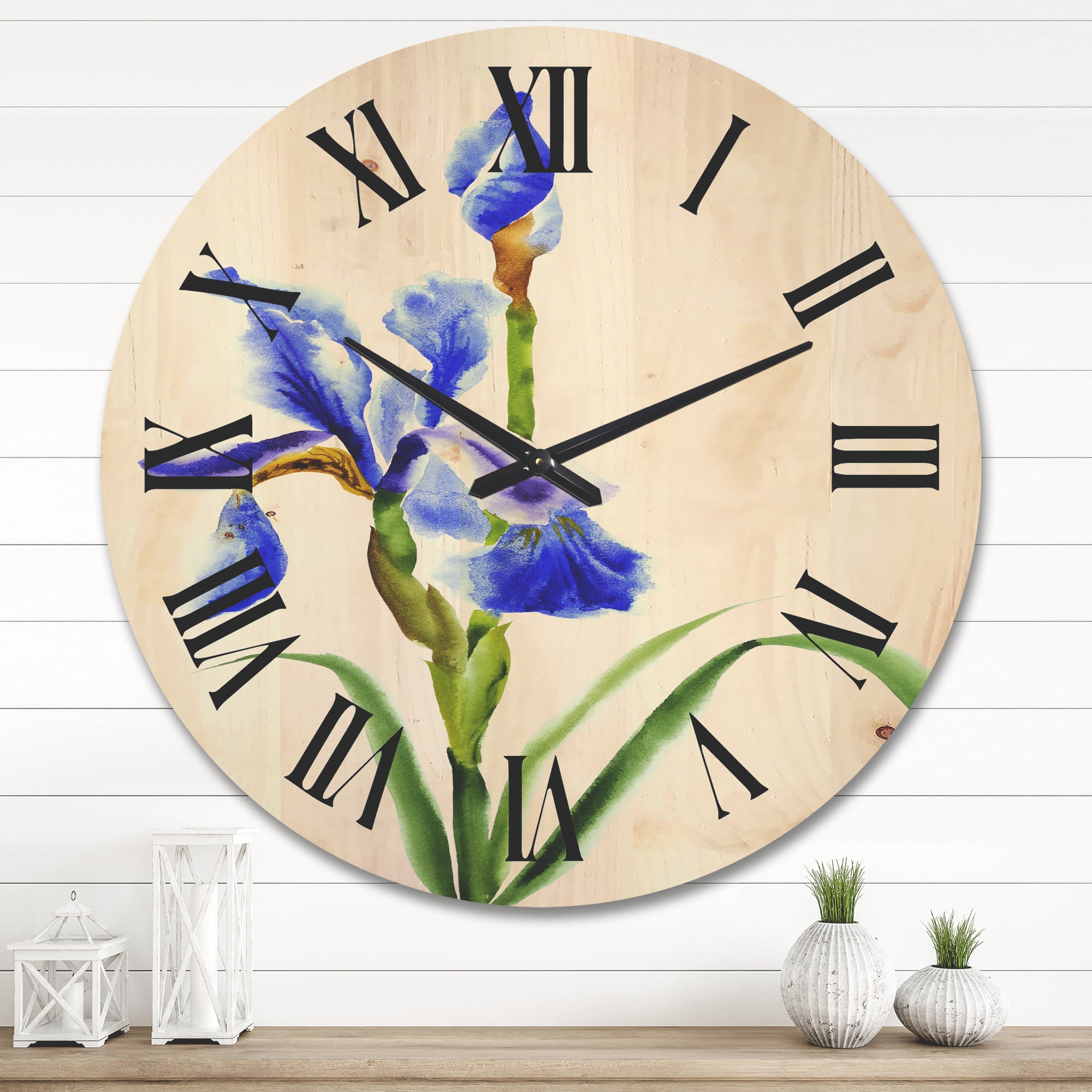 Designart 'Blue Iris Flower Retro Style' Traditional Wood Wall Clock