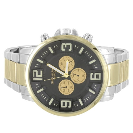 Mens Link Steel Watch - Two Tone Large Black Face Men's Metal Link Steel Back Watch