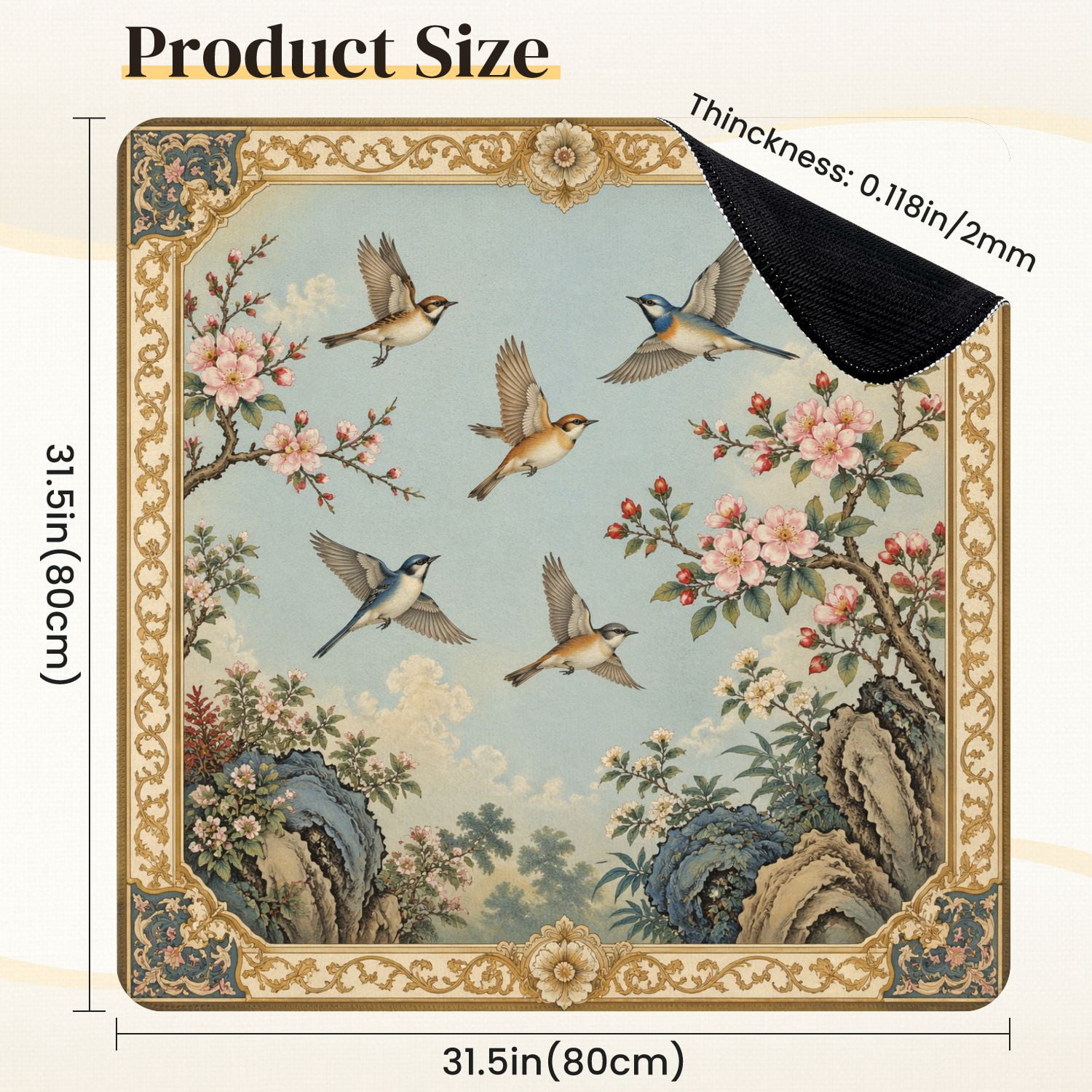 Mahjong Mat 31.5" x 31.5" Birds Cherry Blossom Branches Ornate Vintage Oriental Soft Blue Sky Non-Slip Noise Reduction Mahjong Tiles Table Cover for Dominoes Poker Card Board and Tile Games