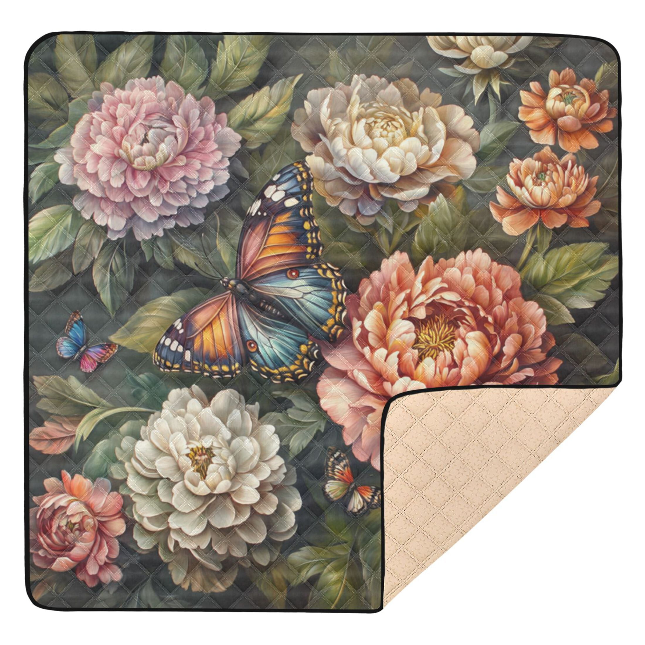 WOBOGO Peony Butterfly Painting Baby Playmats Extra Large Waterproof Rollable Activity Pads for Toddlers 50×50inch