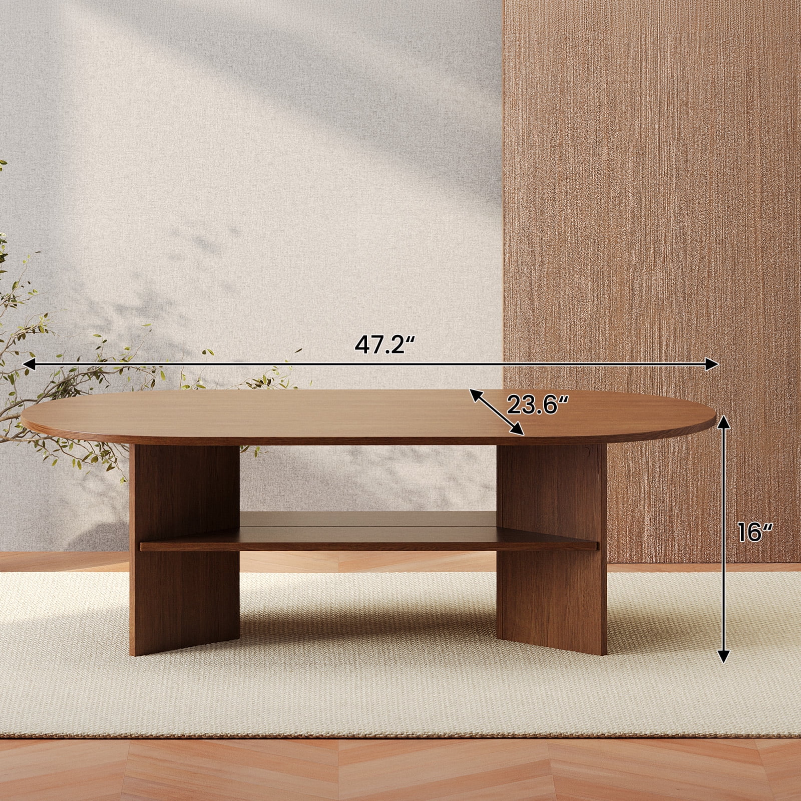Gelloan 47" Modern Coffee Table,Oval Coffee Table,Double-layer Coffee Table with Sturdy Pedestal for Apartment,Living Room,Bedroom,Walnut