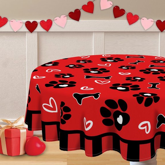 Valentines Day Dog Paw Prints Round Tablecloth 60 x 60 Inch, Red Love Hearts Bone Decorative Table Cloth Dining Table Cover, Anniversary Wedding Dinner Party Picnic Decoration