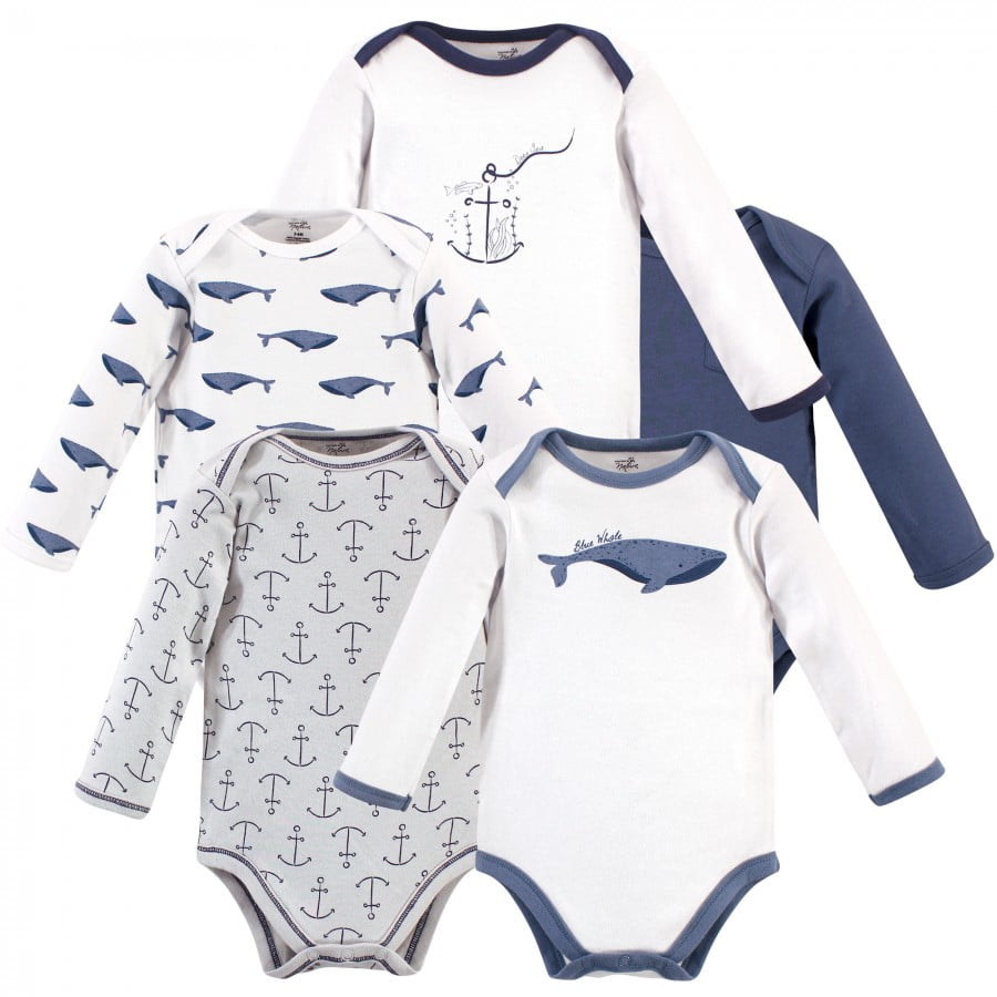 Touched by Nature Organic Cotton Long-Sleeve Bodysuits 5pk, Blue Whale, 0-3 Months