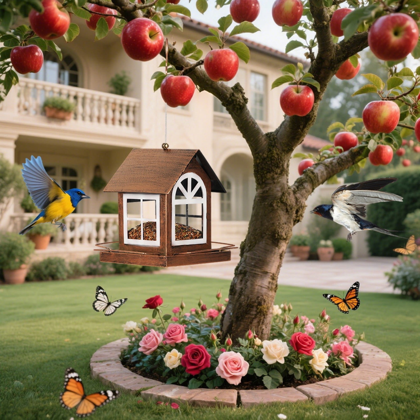 Squirrel Proof Metal Bird Feeder, Outdoor Sturdy Hanging Feeder, Adjustable Seed Garden Birdhouse, Patio Large Capacity Feeder, 18.66x8.86x7.09 Inches