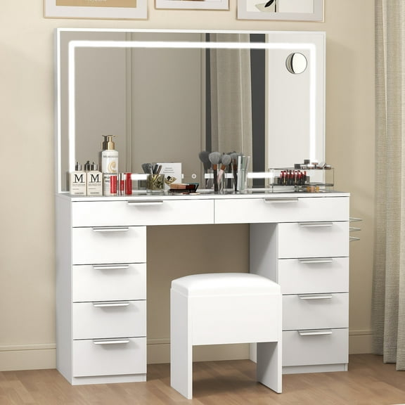 Uforic 10-Drawer Set Makeup Vanity Dressers with Light and Extra-Large Mirror, Glass Top with 3 Color Modes, Storage Bench, White