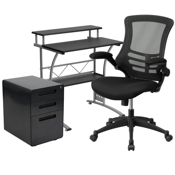 Flash Furniture Calder Work From Home Kit - Black Computer Desk, Ergonomic Mesh Office Chair and Locking Mobile Filing Cabinet with Inset Handles