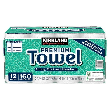 Kirkland Signature Paper Towels, 2-Ply, 160 Sheets, 12 Individually Wrapped Rolls