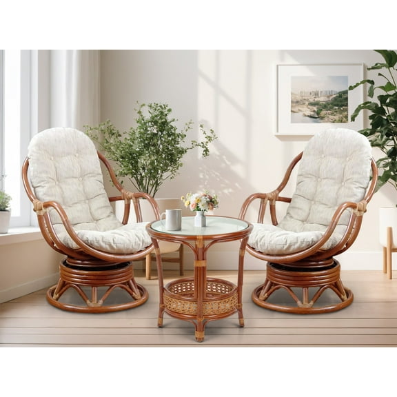 Wickerix Set of 2 Bali Lounge Swivel Rocking Chairs with Cream Cushion and Pelangi Round Coffee Table Natural Rattan Wicker Handmade, Colonial