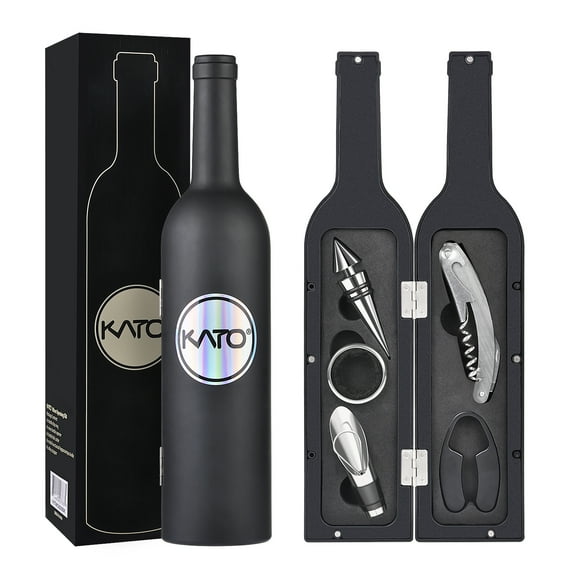 Kato Wine Accessories Gift Set - Wine Bottle Corkscrew Opener Kit, Drip Ring, Foil Cutter and Wine Pourer and Stopper in Novelty Bottle-Shaped Case for Wine Lover Gift, Black