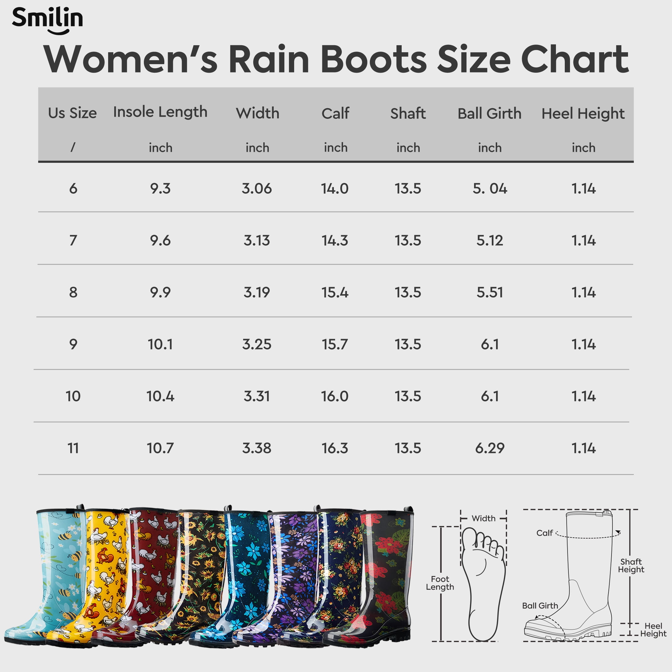 SMILIN Colorful Rain Boots for Women,Mid-Calf Waterproof Anti-Slip Slim Calf Garden Shoes,Blue Floral,US Size 10
