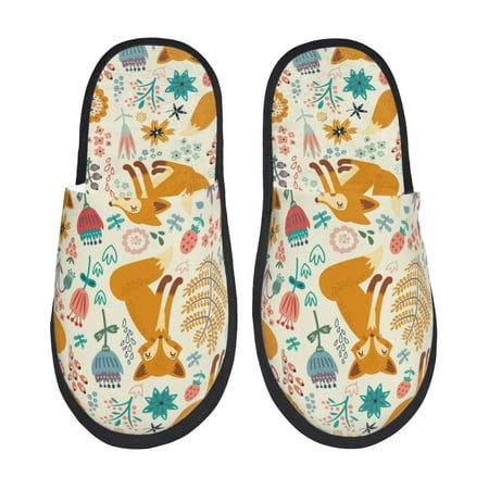 Balery Whimsical Fox Floral Garden Slient Indoor Furry Fleece Comfort House Shoes Soft Non-Slip Home Shoes Cotton slippers House Slippers-- Medium