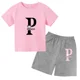 thumbnail image 3 of Conjunto de 2 piezas de camiseta y pantalones cortos de algodón con letras simples vintage de verano 2024 para niños, moda de tendencia para bebés y niñas, 3 of 5