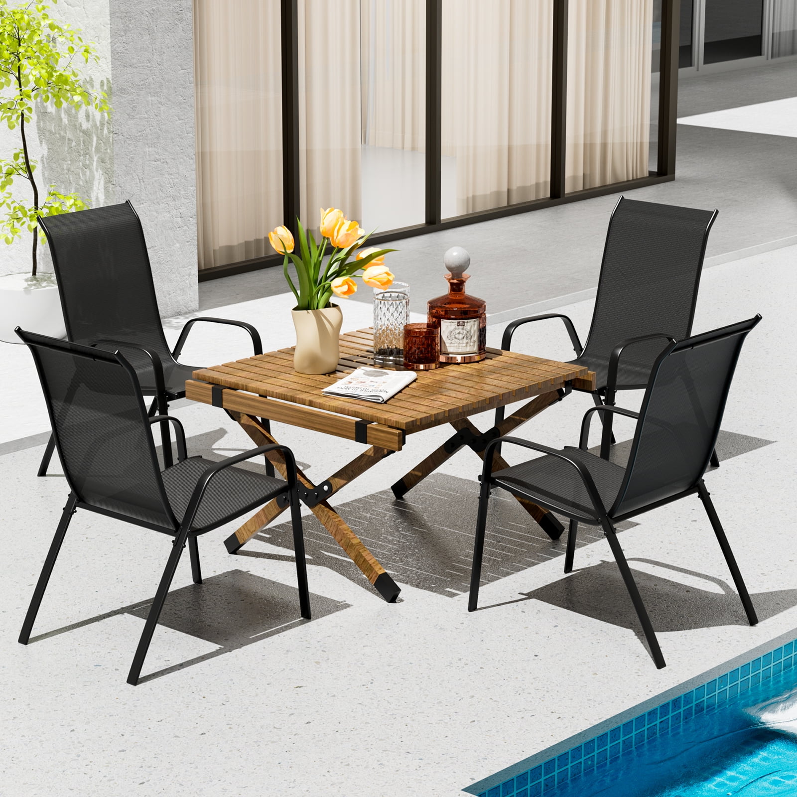 Arlopu Patio Dining Chairs Set of 4, Outdoor Stackable Chairs for Backyard Porch Garden, Black