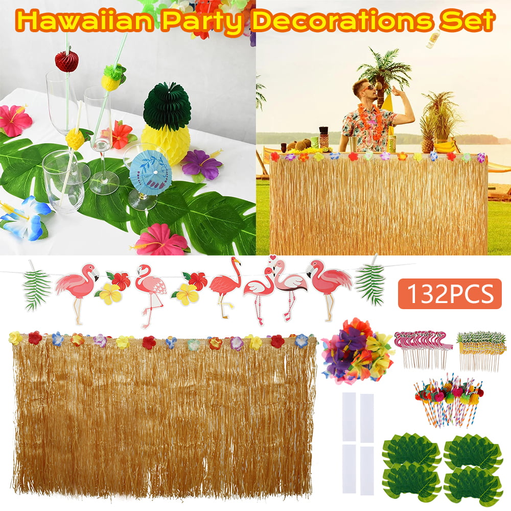 Aloha Tropical Palm Leaves Table Cloth Summer Beach 2 Pack Hawaiian Luau Table Cover Disposable Printed Plastic Tablecloth 86.6x52 Inch Hawaiian Themed Party Decorations Supplies 