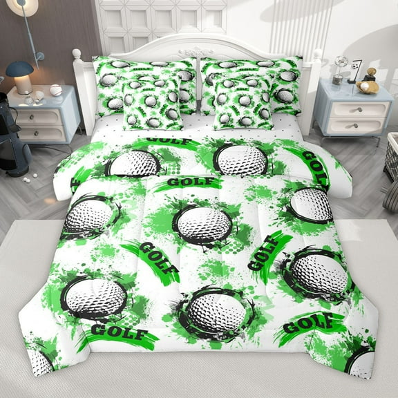 Manfei Sport Golf 7-Piece Twin Bedding Sets for Teens Boys Girls,Ball Gamer Bedding Comforter Set,Green Graffiti Splash Breathable Sheet Sets,Lightweight Room Decor,Reversible