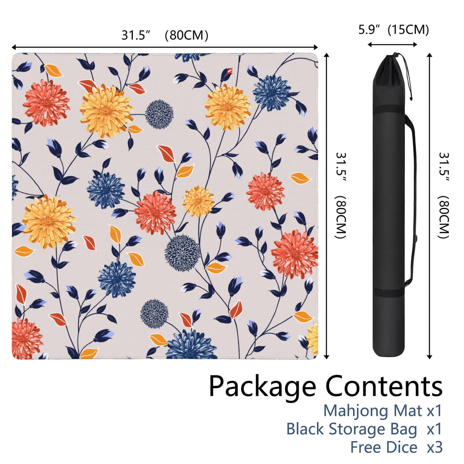 Floral Print Rubber Gaming Surface 31.5 Inch Square Designed for Mahjong Play Also Works Well for Card and Board Games