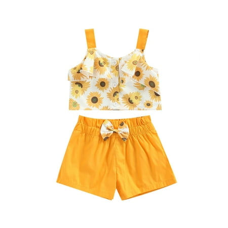 

Canrulo 2Pcs Toddler Baby Girl Summer Outfit Floral Print Sleeveless Ruffle Crop Tops and Shorts Clothes Yellow 18-24 Months