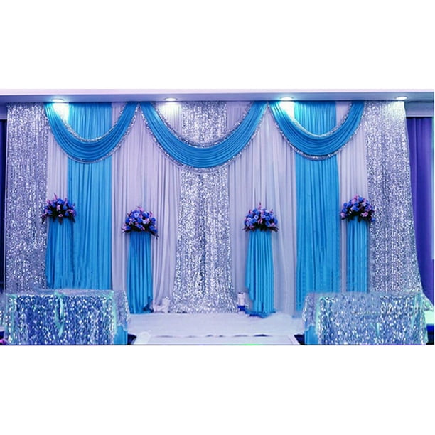 INTBUYING 10ft*10ft Three Fold Blue Wedding Stage Reception Backdrop  Curtain Decorations Ceremony Background Party Drapes with Swag Silk Fabric  Curtain 