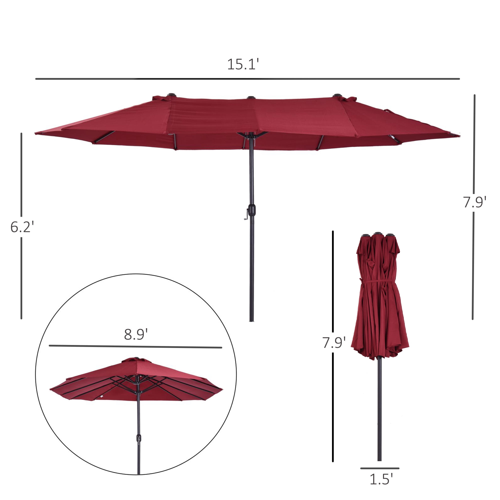Outsunny Extra Large ft Patio Umbrella, 7.9 ft x 15 ft, Wine Red