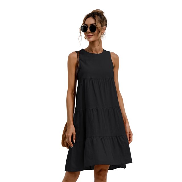 Nouvelle Robe Ligne A Unie pour Femmes Design Patchwork Col Rond Mode Urbaine Sans Manches Taille Mi-Haute Décontractée Ample Mini Robe