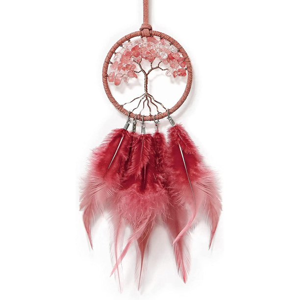 Atrapasueños para espejo retrovisor de coche con cuentas de cristal, árbol de la vida, pequeño atrapasueños para espejo retrovisor, decoración de guardería, 3 pulgadas de diámetro (rojo)