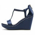 thumbnail image 2 of FSJ Women T-Strap Studded Wedge High Heels Open Toe Platform Back Zipper Sandals Fashion Cocktail Party Summer Shoes Size 4 Blue, 2 of 5