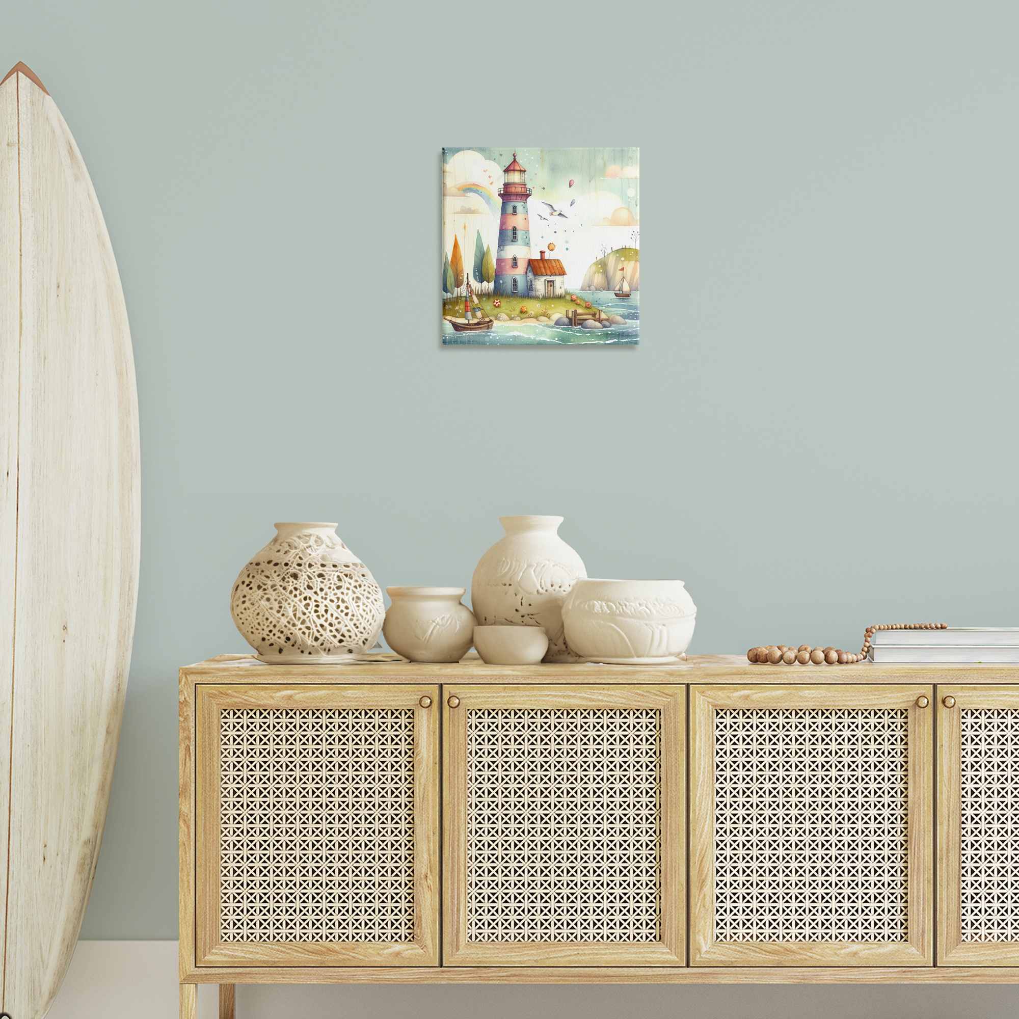 Stupell Industries Lighthouse Cottage Scenery Nautical & Beach Painting Wrapped Canvas Art Print Wall Art, 17 x 17