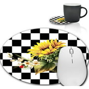 Mouse Pad and Coffee Coaster, Black White Chequered Flower Mousepad Non-Slip Rubber Gaming Mouse Pad Round Mouse Pads