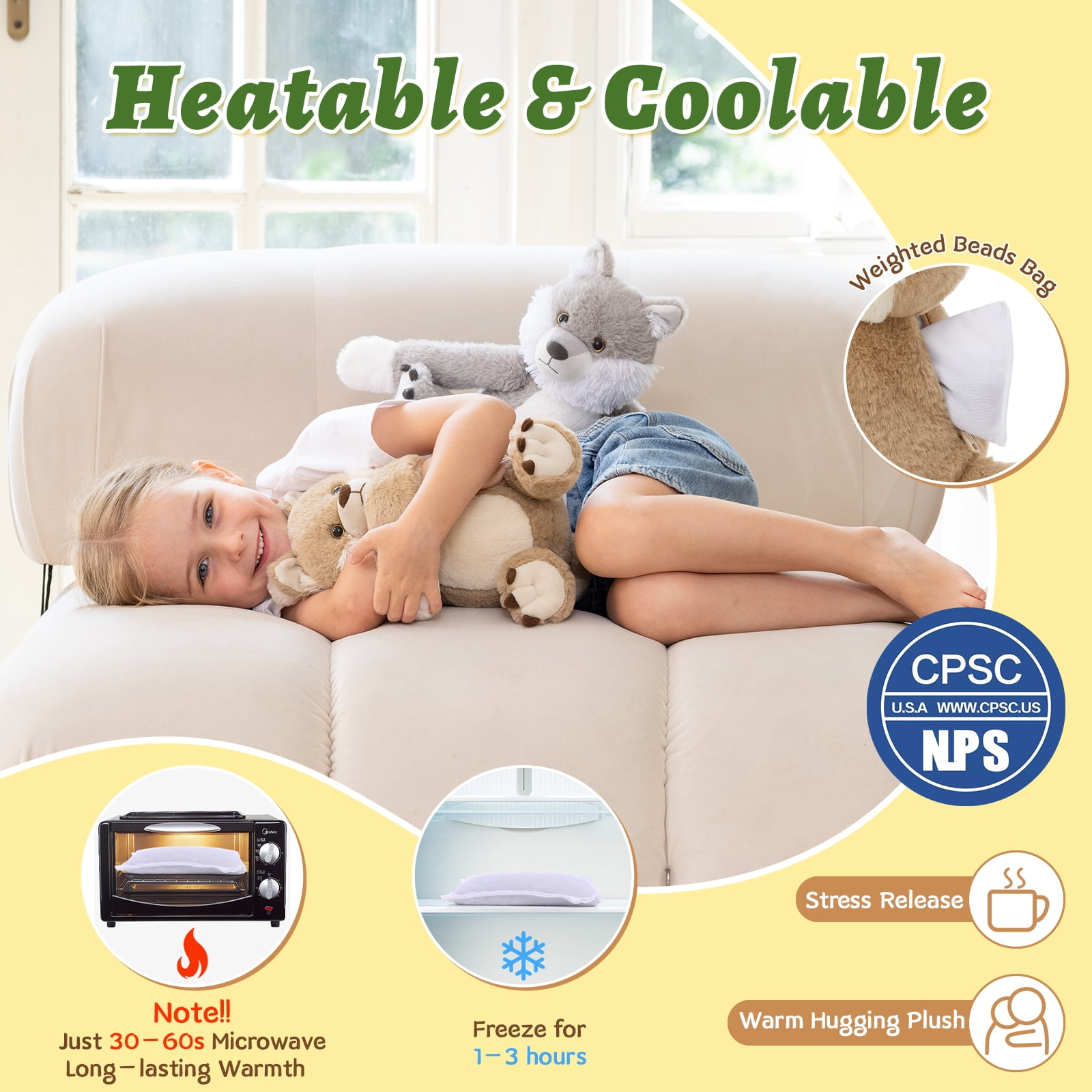 MorisMos Heatable & Coolable Wolf Stuffed Animals Set,Weighted Microwavable/Freezable Cuddly Stuffed Wolf Pair,Long-Arms Hugging Wolf Plush Toys