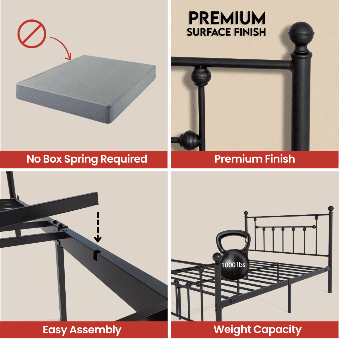 Golden Gate Beds Victorian Style Metal Platform Bed Frame with Antique Wrought Iron-Art Headboard and Footboard, Classic Cama Steel Mattress Foundation, No Box Spring Needed, King Size, Black Finish