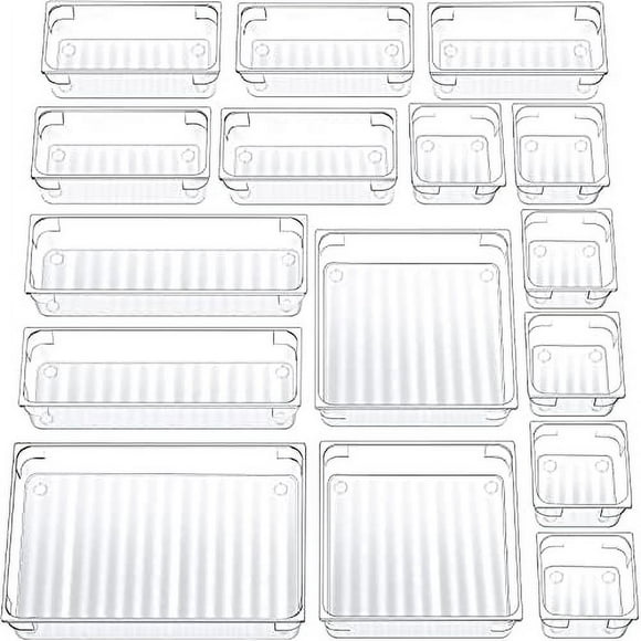 16PCS Clear Plastic Drawer Organizers Set, 4 Size Versatile Bathroom and Vanity Drawer Organizer Trays, Storage Bins for Makeup, Bedroom, Kitchen Gadgets Utensils and Office