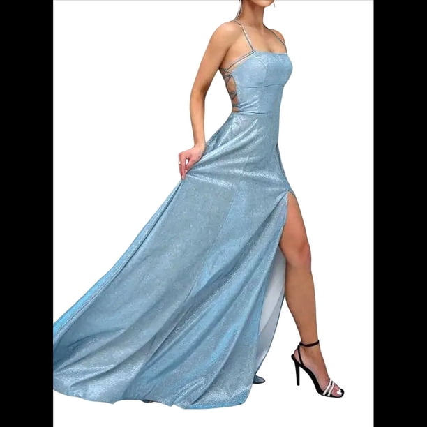 Vestido Elegante de Noche para Mujer, Sin Mangas, con Hombros Descubiertos, Ajustado, y Formal para Fiesta Azul L